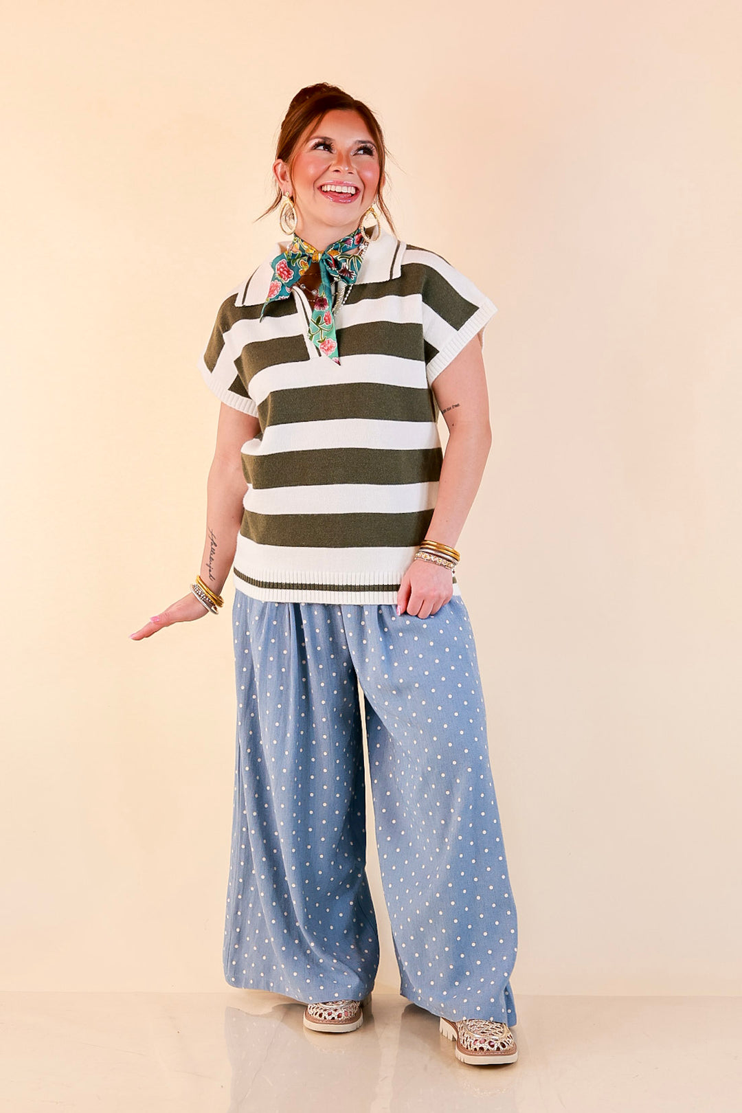 Along These Lines Striped Short Sleeve Collared Polo Sweater Top in Ivory with Olive Green Stripes