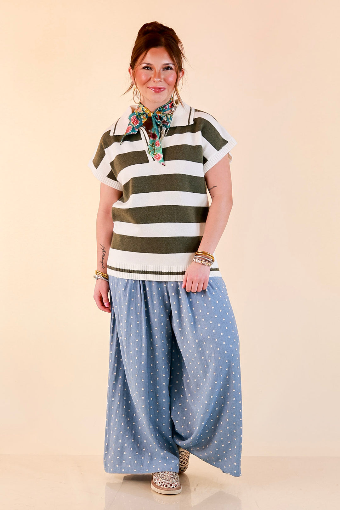 Along These Lines Striped Short Sleeve Collared Polo Sweater Top in Ivory with Olive Green Stripes
