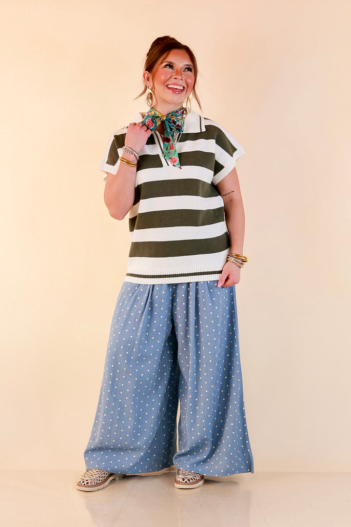 Along These Lines Striped Short Sleeve Collared Polo Sweater Top in Ivory with Olive Green Stripes