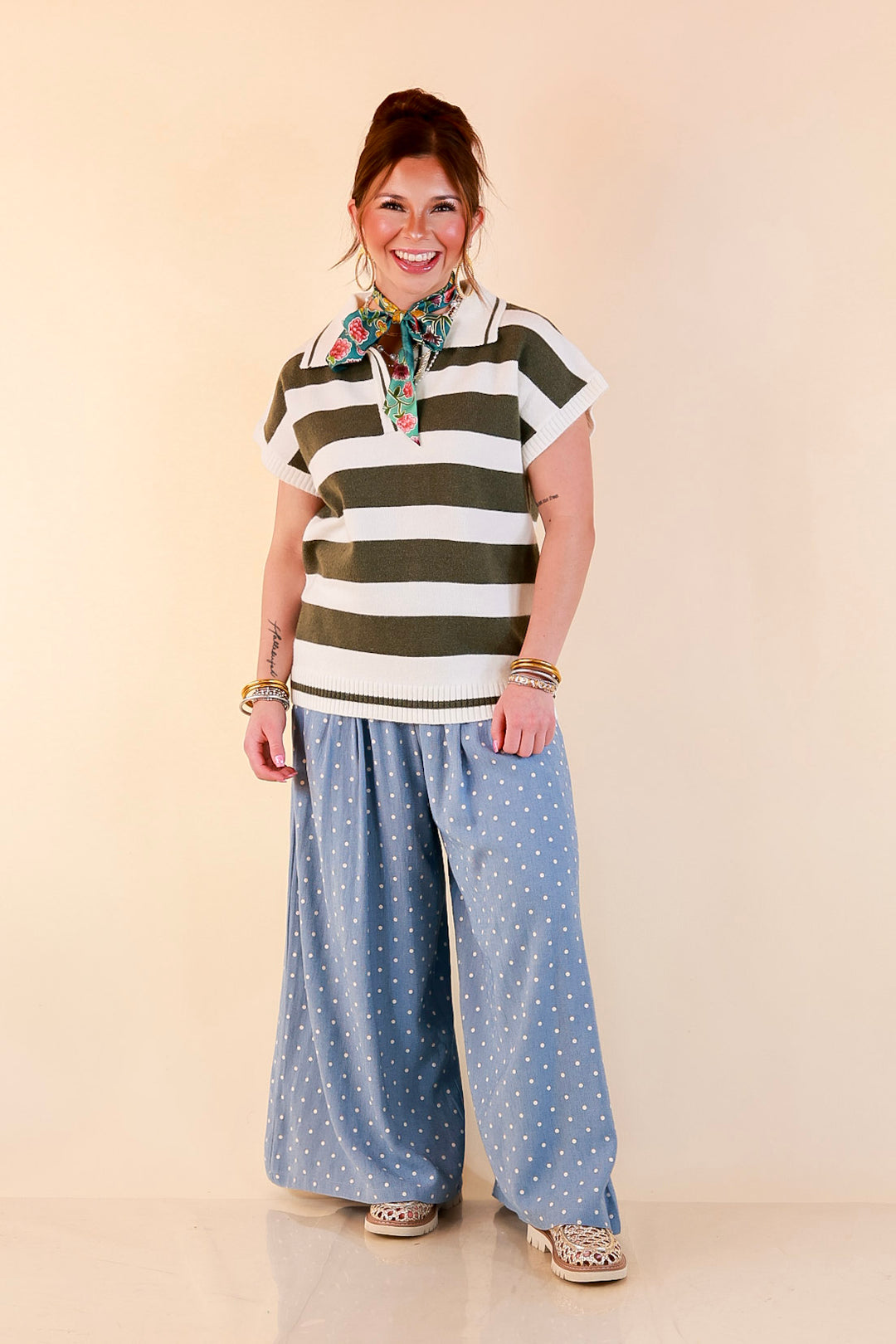 Along These Lines Striped Short Sleeve Collared Polo Sweater Top in Ivory with Olive Green Stripes
