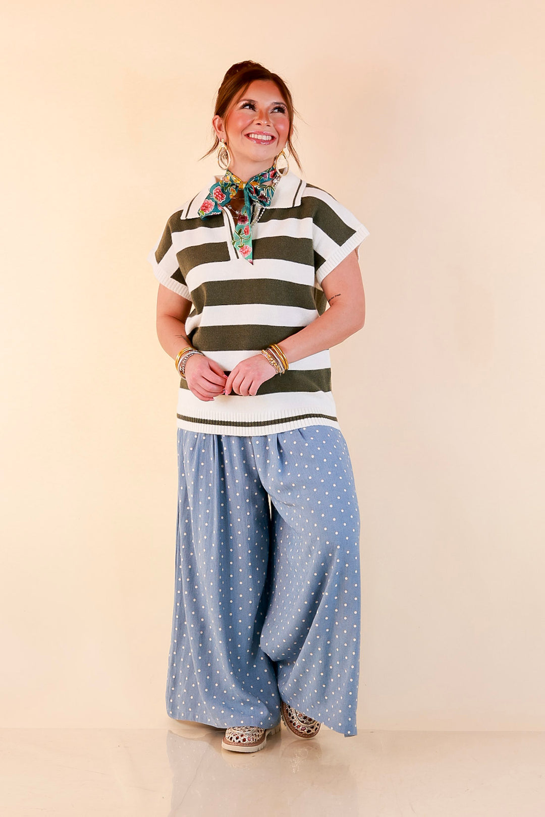 Along These Lines Striped Short Sleeve Collared Polo Sweater Top in Ivory with Olive Green Stripes