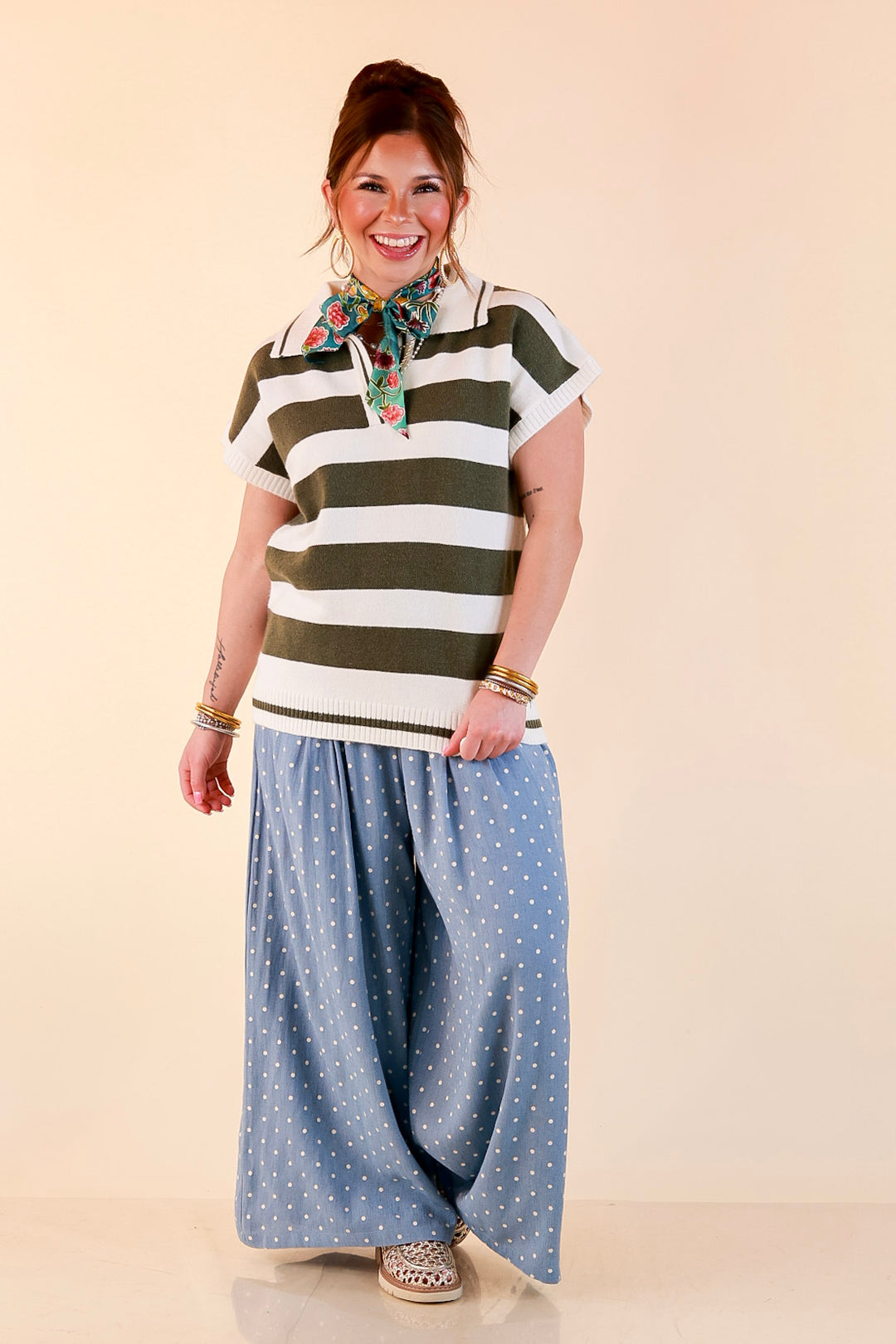 Along These Lines Striped Short Sleeve Collared Polo Sweater Top in Ivory with Olive Green Stripes
