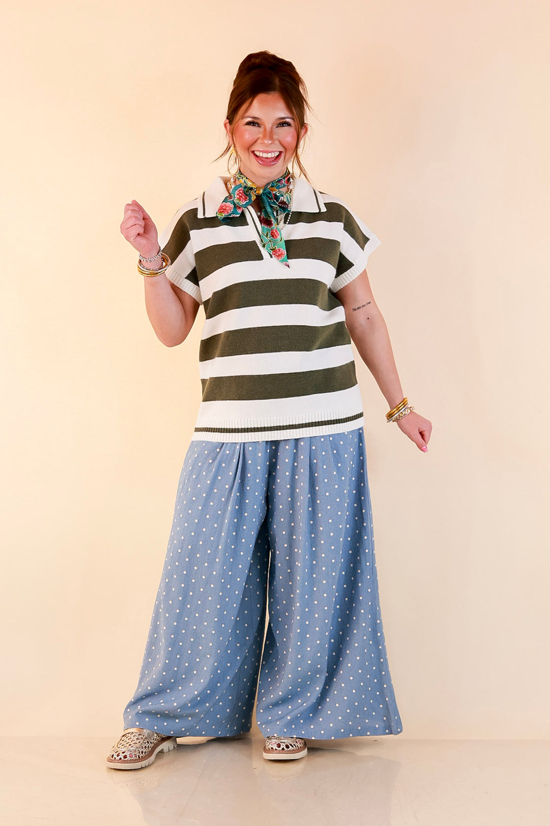 Along These Lines Striped Short Sleeve Collared Polo Sweater Top in Ivory with Olive Green Stripes