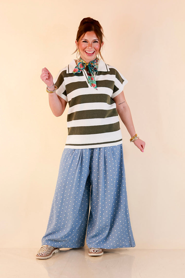 Along These Lines Striped Short Sleeve Collared Polo Sweater Top in Ivory with Olive Green Stripes