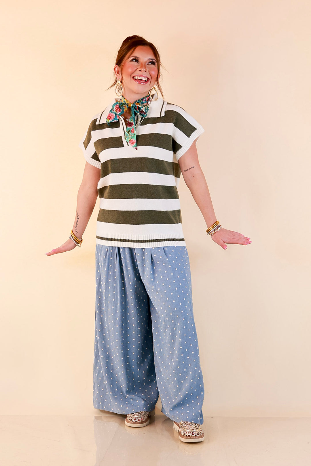 Along These Lines Striped Short Sleeve Collared Polo Sweater Top in Ivory with Olive Green Stripes