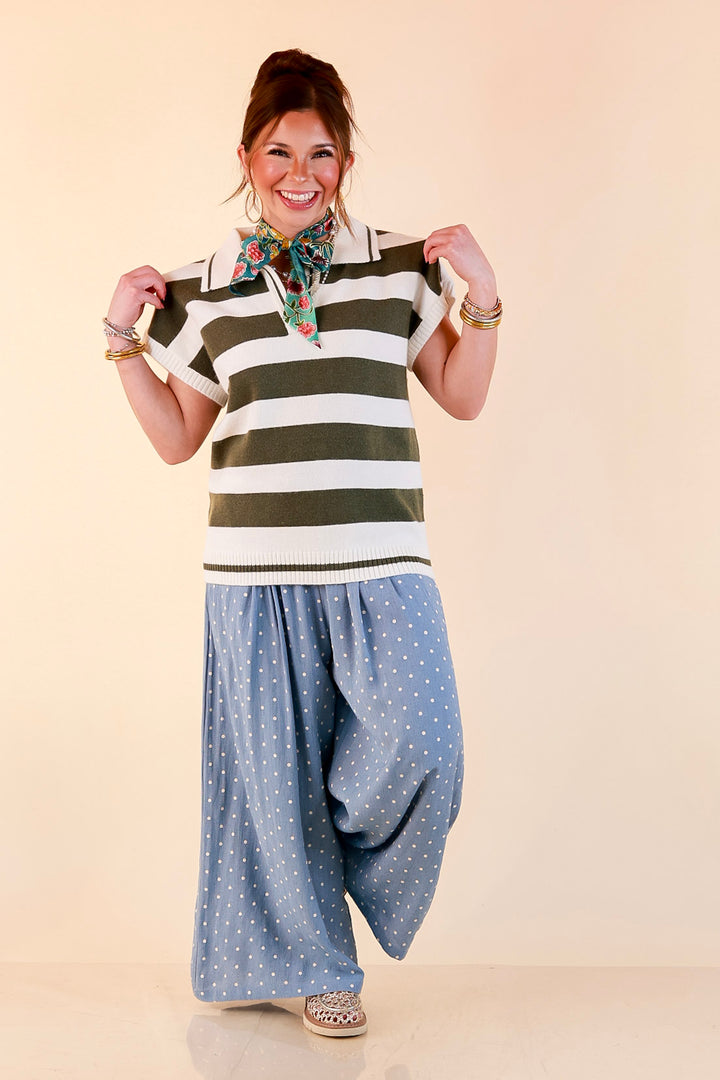 Along These Lines Striped Short Sleeve Collared Polo Sweater Top in Ivory with Olive Green Stripes