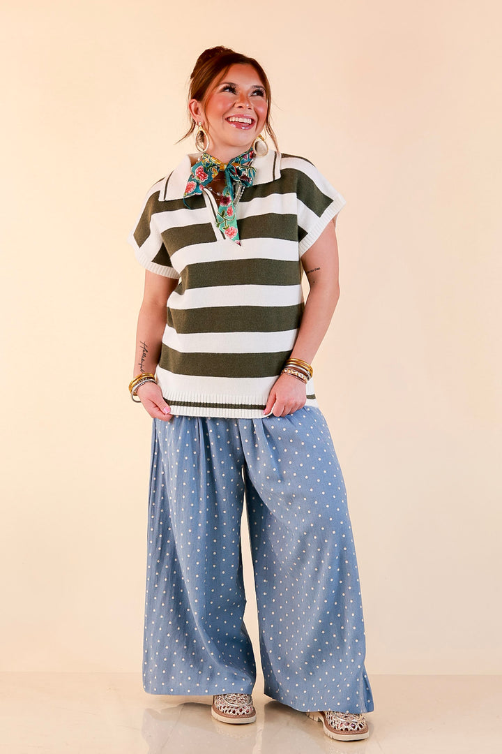 Along These Lines Striped Short Sleeve Collared Polo Sweater Top in Ivory with Olive Green Stripes