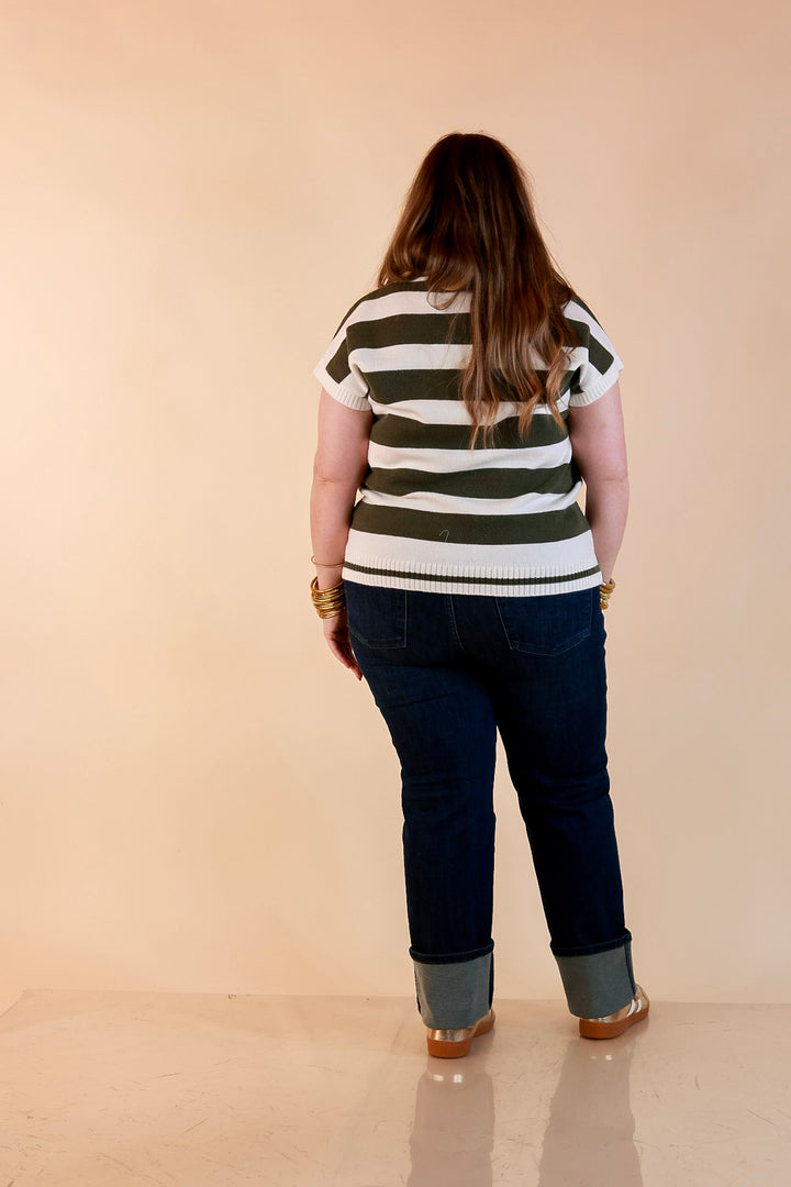 Along These Lines Striped Short Sleeve Collared Polo Sweater Top in Ivory with Olive Green Stripes