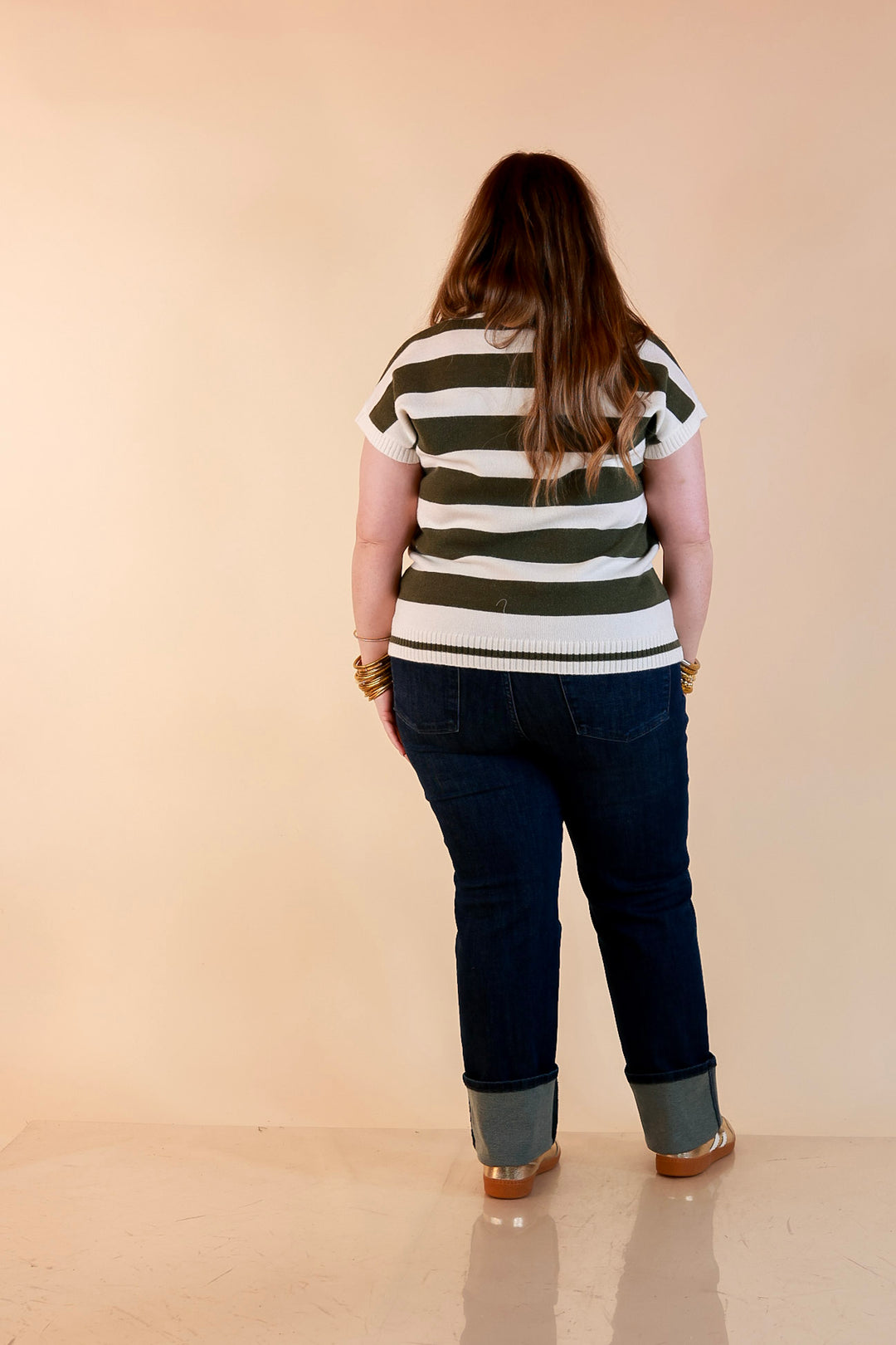 Along These Lines Striped Short Sleeve Collared Polo Sweater Top in Ivory with Olive Green Stripes