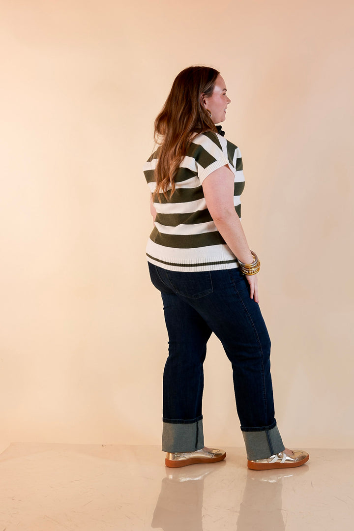 Along These Lines Striped Short Sleeve Collared Polo Sweater Top in Ivory with Olive Green Stripes