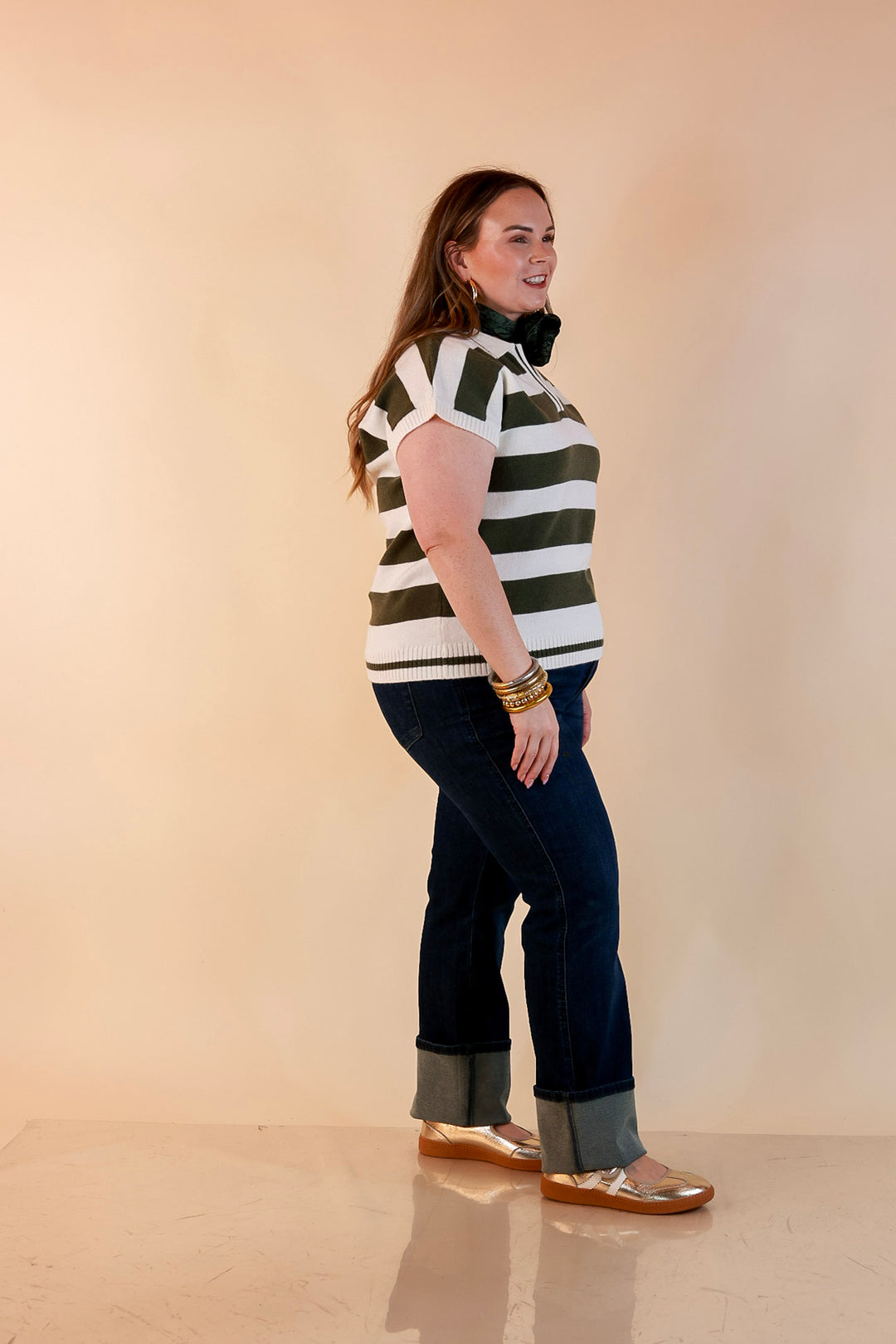 Along These Lines Striped Short Sleeve Collared Polo Sweater Top in Ivory with Olive Green Stripes