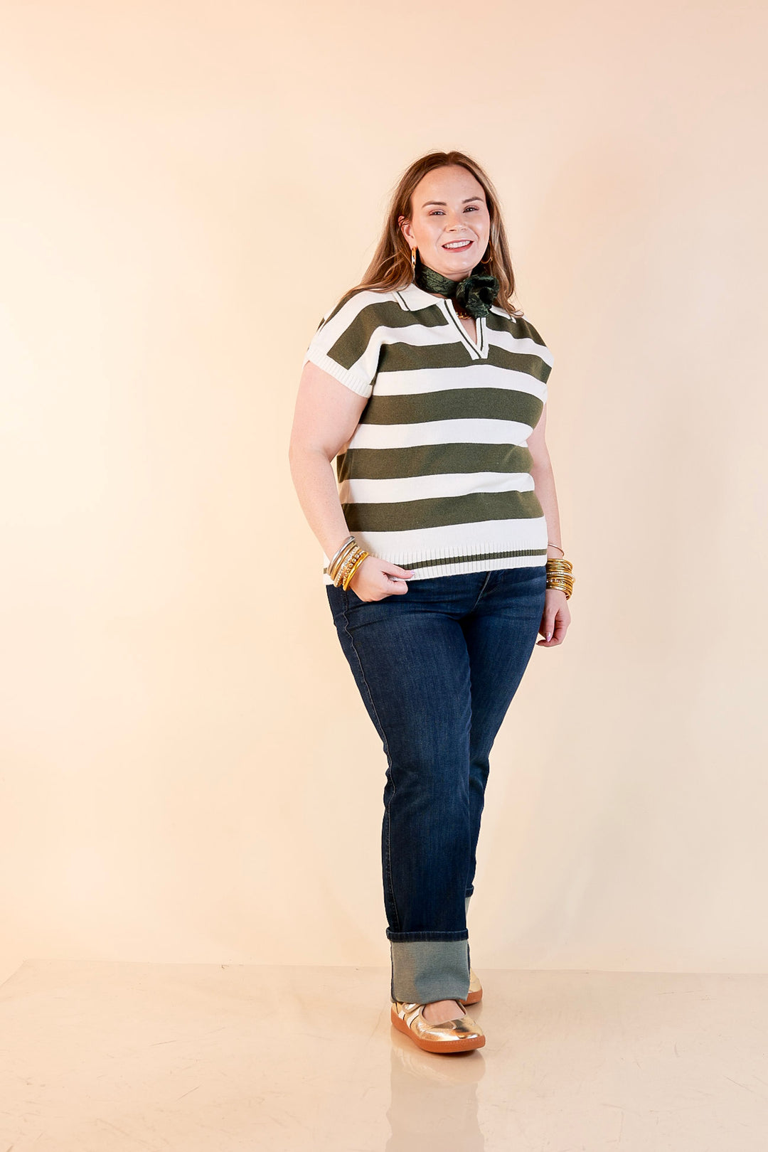 Along These Lines Striped Short Sleeve Collared Polo Sweater Top in Ivory with Olive Green Stripes