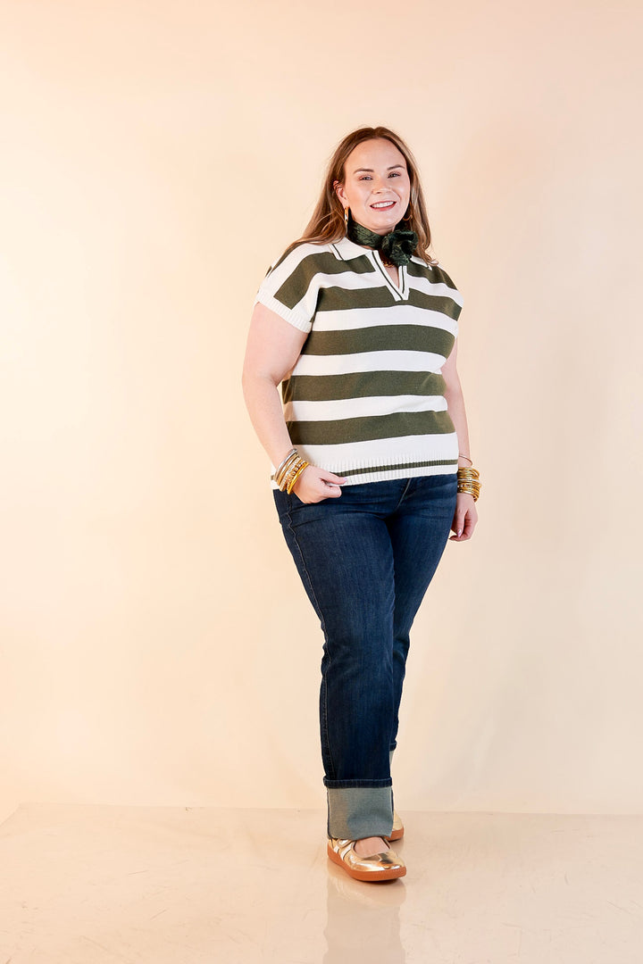 Along These Lines Striped Short Sleeve Collared Polo Sweater Top in Ivory with Olive Green Stripes