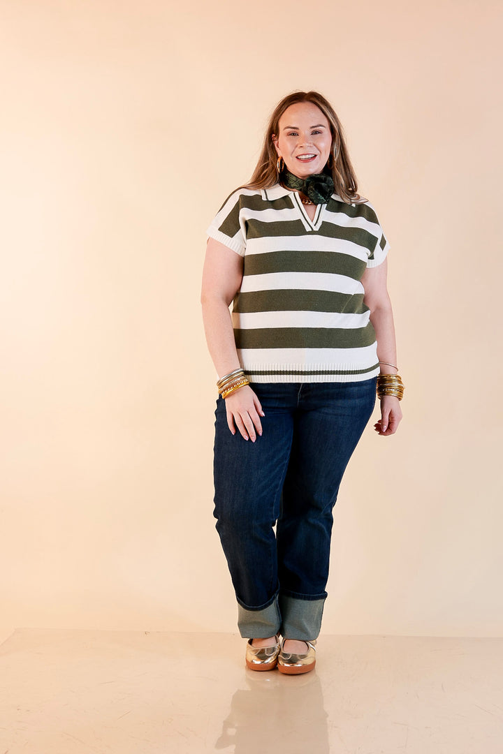 Along These Lines Striped Short Sleeve Collared Polo Sweater Top in Ivory with Olive Green Stripes