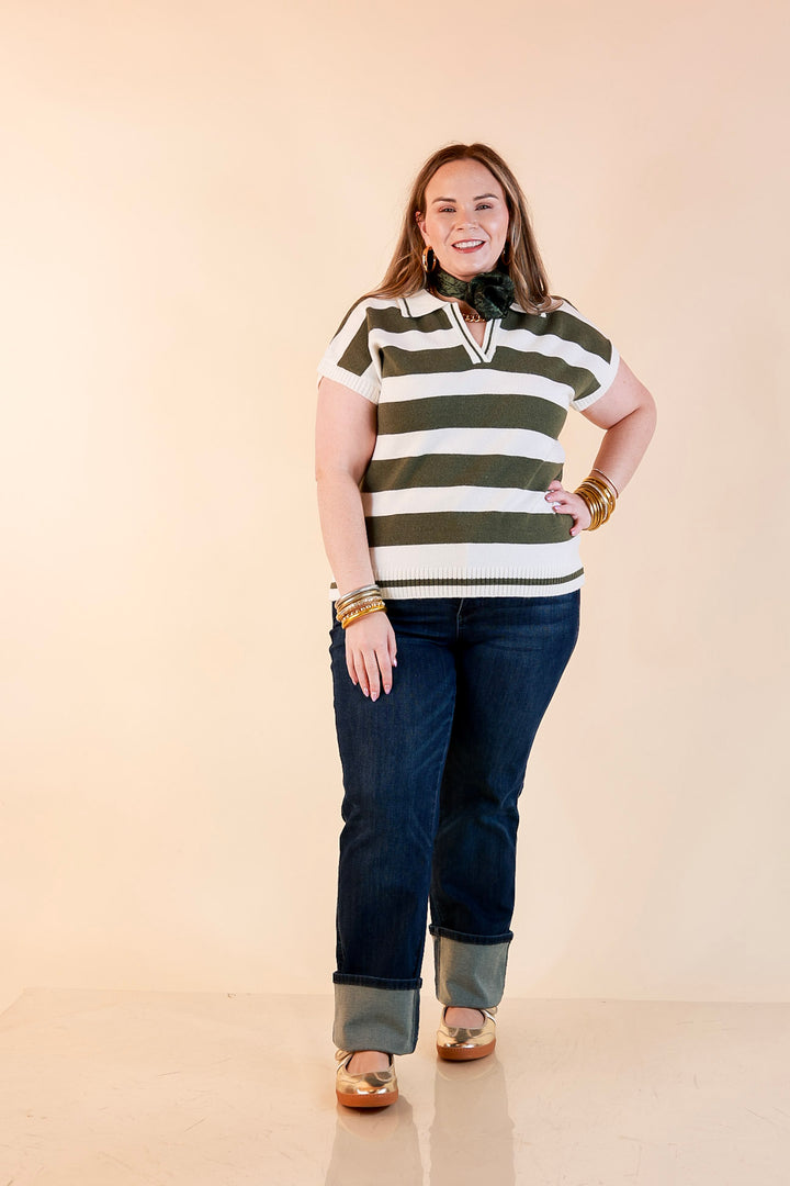 Along These Lines Striped Short Sleeve Collared Polo Sweater Top in Ivory with Olive Green Stripes