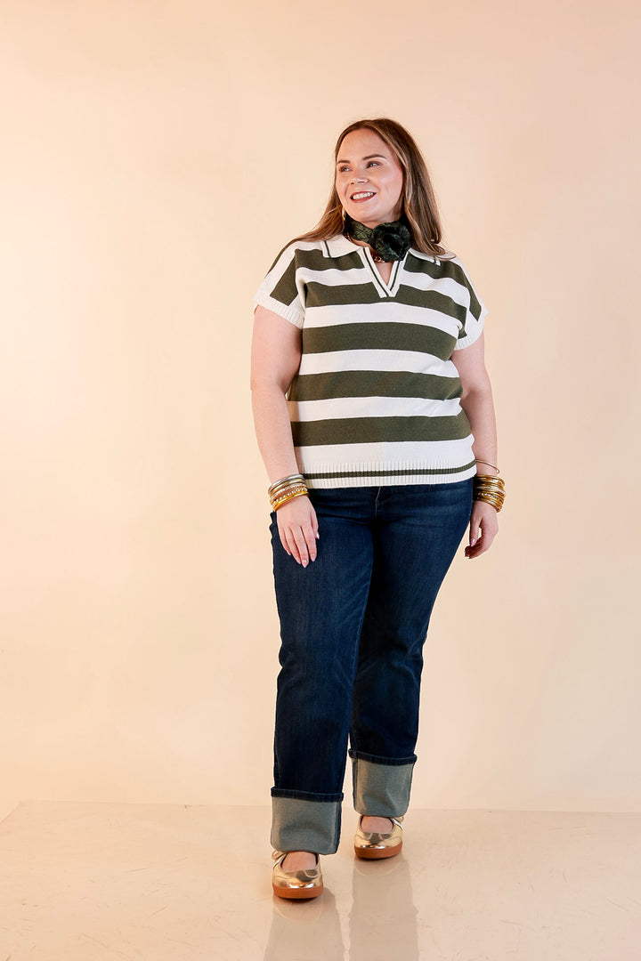 Along These Lines Striped Short Sleeve Collared Polo Sweater Top in Ivory with Olive Green Stripes