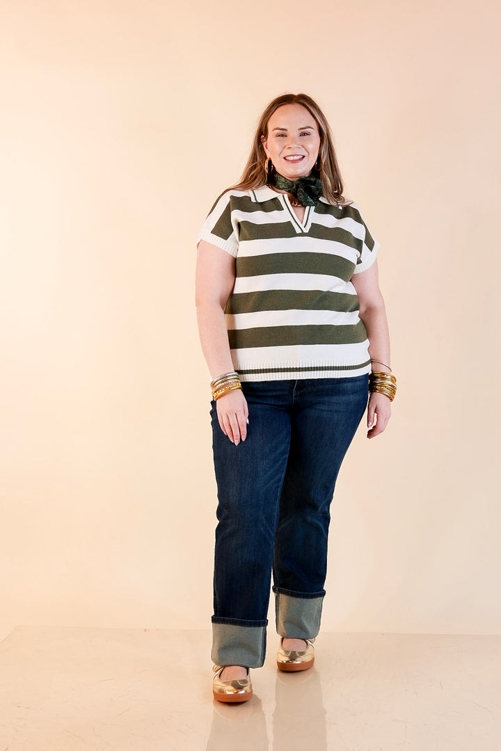 Along These Lines Striped Short Sleeve Collared Polo Sweater Top in Ivory with Olive Green Stripes