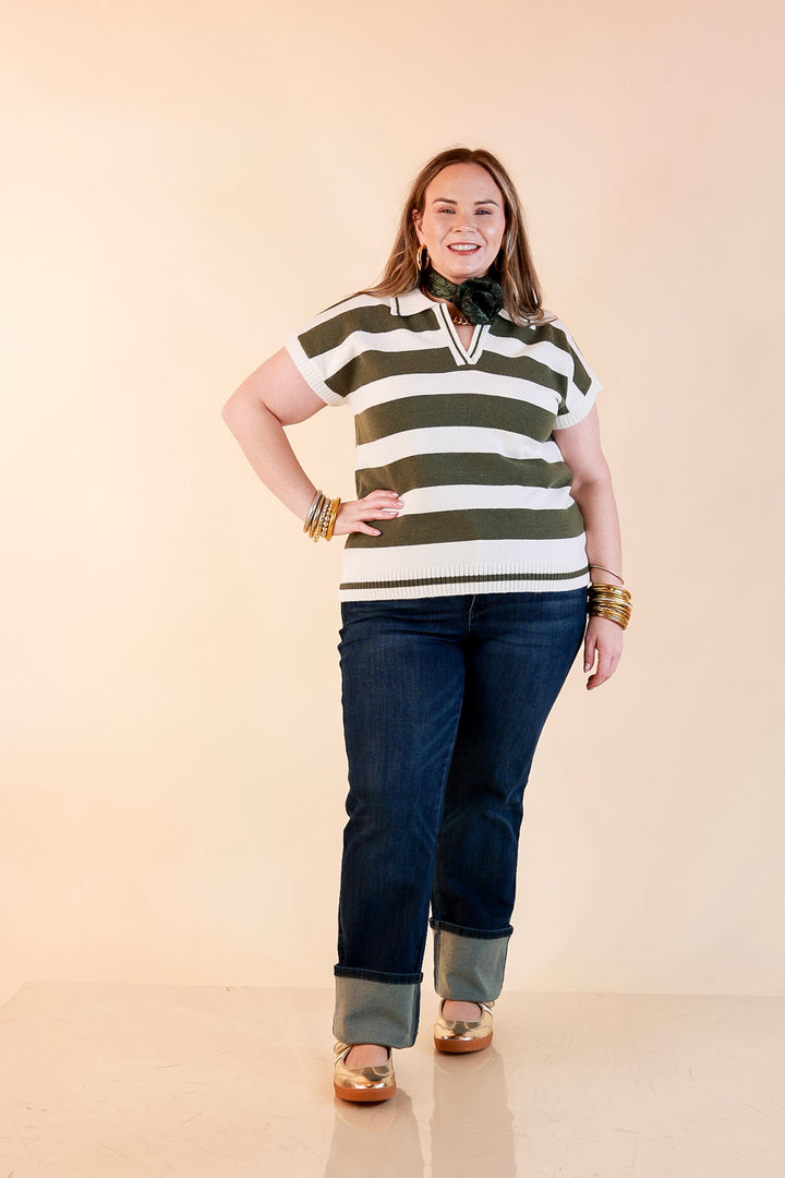 Along These Lines Striped Short Sleeve Collared Polo Sweater Top in Ivory with Olive Green Stripes
