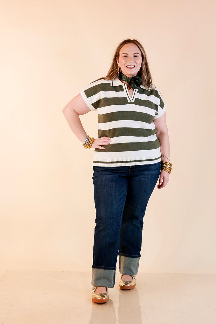 Along These Lines Striped Short Sleeve Collared Polo Sweater Top in Ivory with Olive Green Stripes