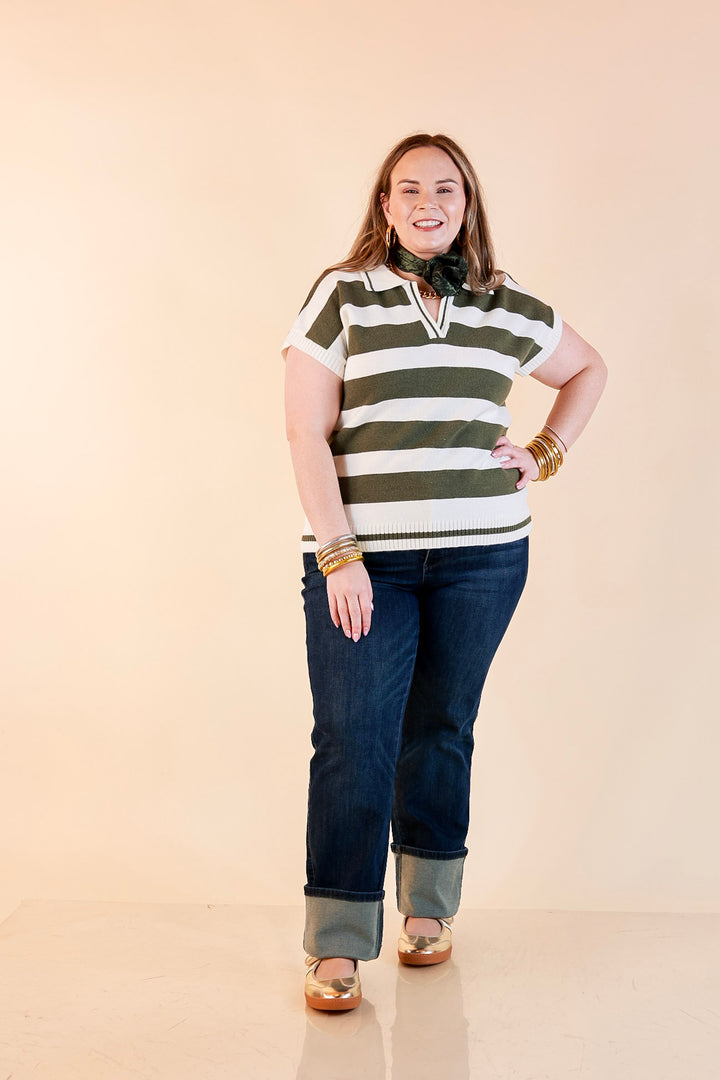 Along These Lines Striped Short Sleeve Collared Polo Sweater Top in Ivory with Olive Green Stripes