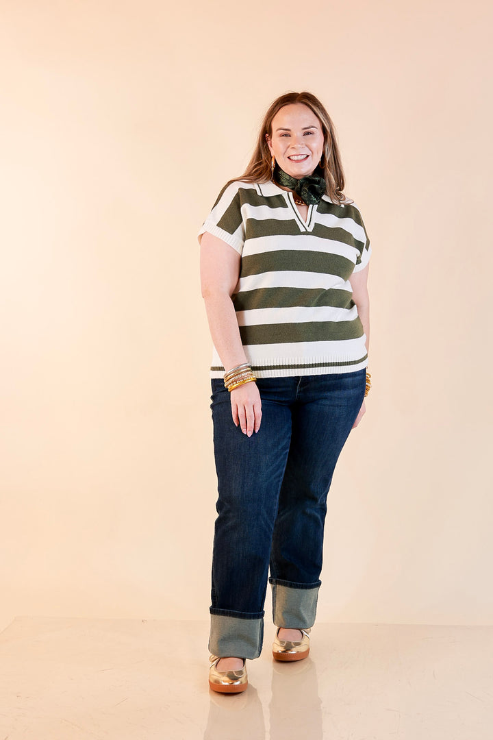Along These Lines Striped Short Sleeve Collared Polo Sweater Top in Ivory with Olive Green Stripes