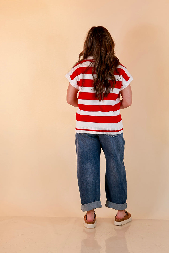 Along These Lines Striped Short Sleeve Collared Polo Sweater Top in Ivory with Red Stripes