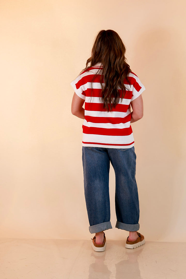 Along These Lines Striped Short Sleeve Collared Polo Sweater Top in Ivory with Red Stripes