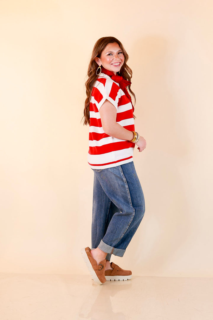 Along These Lines Striped Short Sleeve Collared Polo Sweater Top in Ivory with Red Stripes