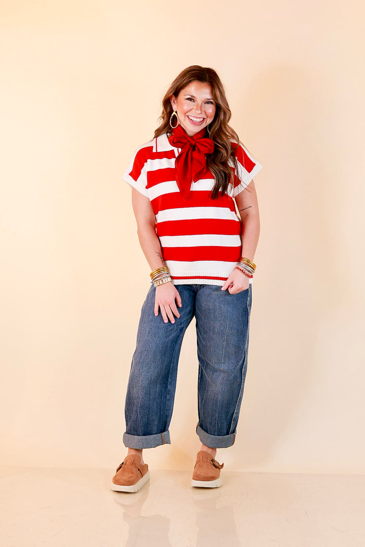 Along These Lines Striped Short Sleeve Collared Polo Sweater Top in Ivory with Red Stripes