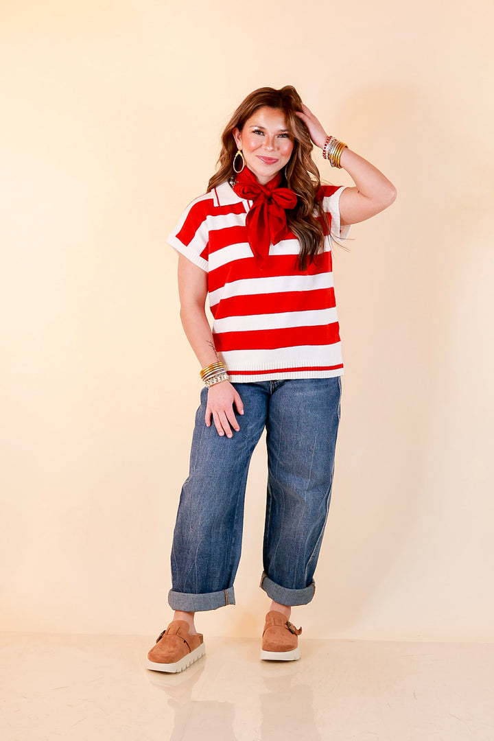 Along These Lines Striped Short Sleeve Collared Polo Sweater Top in Ivory with Red Stripes
