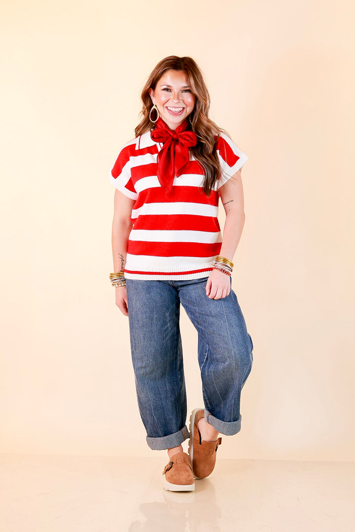 Along These Lines Striped Short Sleeve Collared Polo Sweater Top in Ivory with Red Stripes