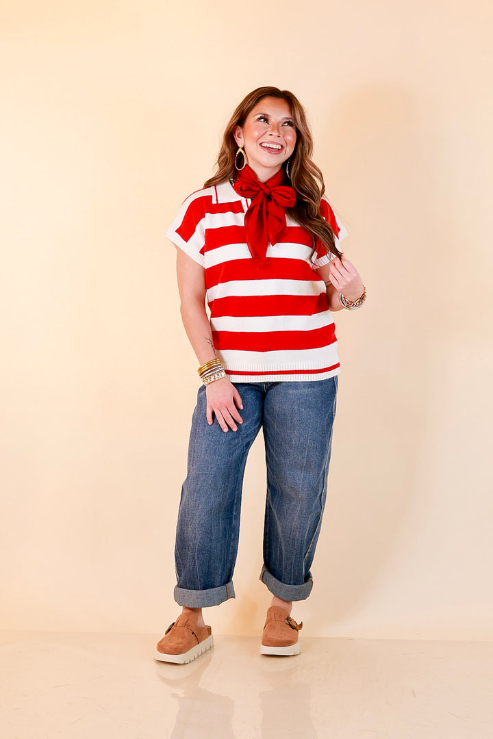 Along These Lines Striped Short Sleeve Collared Polo Sweater Top in Ivory with Red Stripes