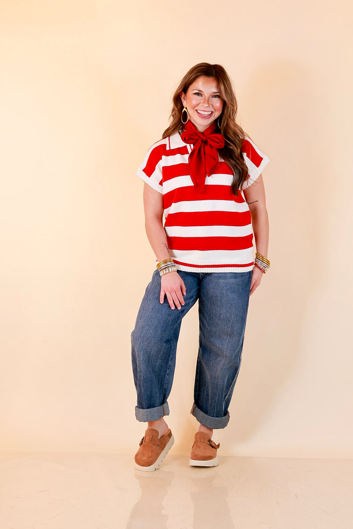 Along These Lines Striped Short Sleeve Collared Polo Sweater Top in Ivory with Red Stripes