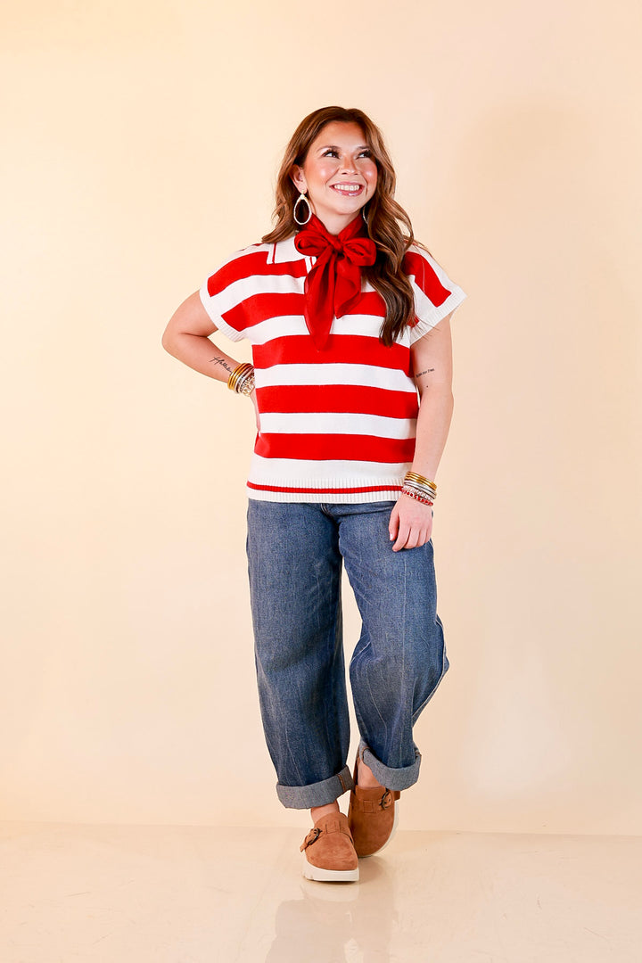 Along These Lines Striped Short Sleeve Collared Polo Sweater Top in Ivory with Red Stripes