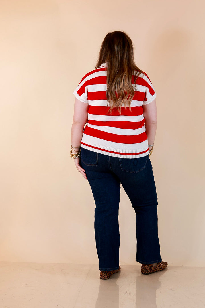 Along These Lines Striped Short Sleeve Collared Polo Sweater Top in Ivory with Red Stripes