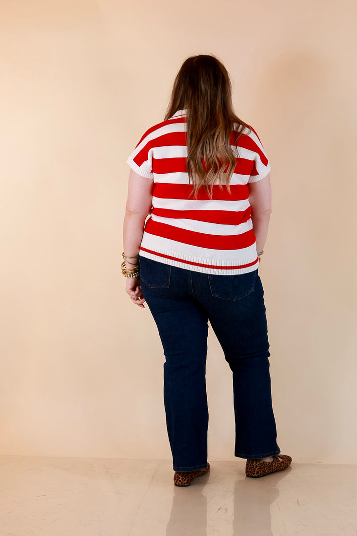 Along These Lines Striped Short Sleeve Collared Polo Sweater Top in Ivory with Red Stripes
