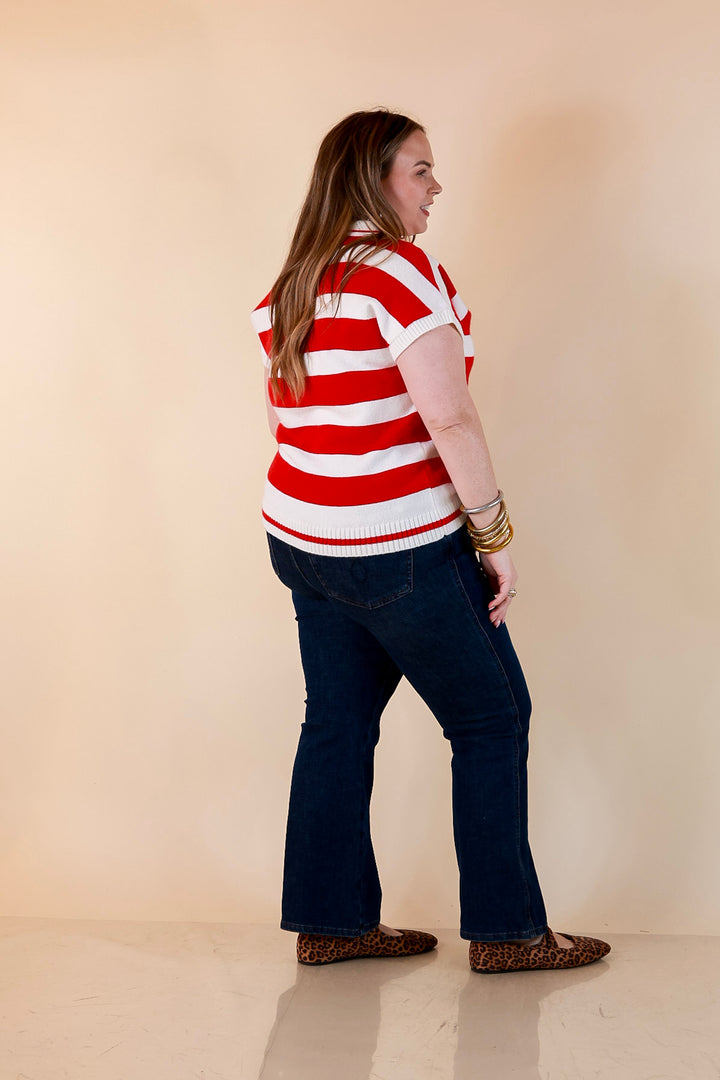 Along These Lines Striped Short Sleeve Collared Polo Sweater Top in Ivory with Red Stripes