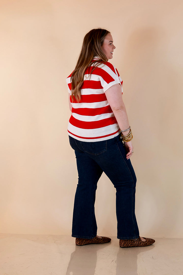 Along These Lines Striped Short Sleeve Collared Polo Sweater Top in Ivory with Red Stripes