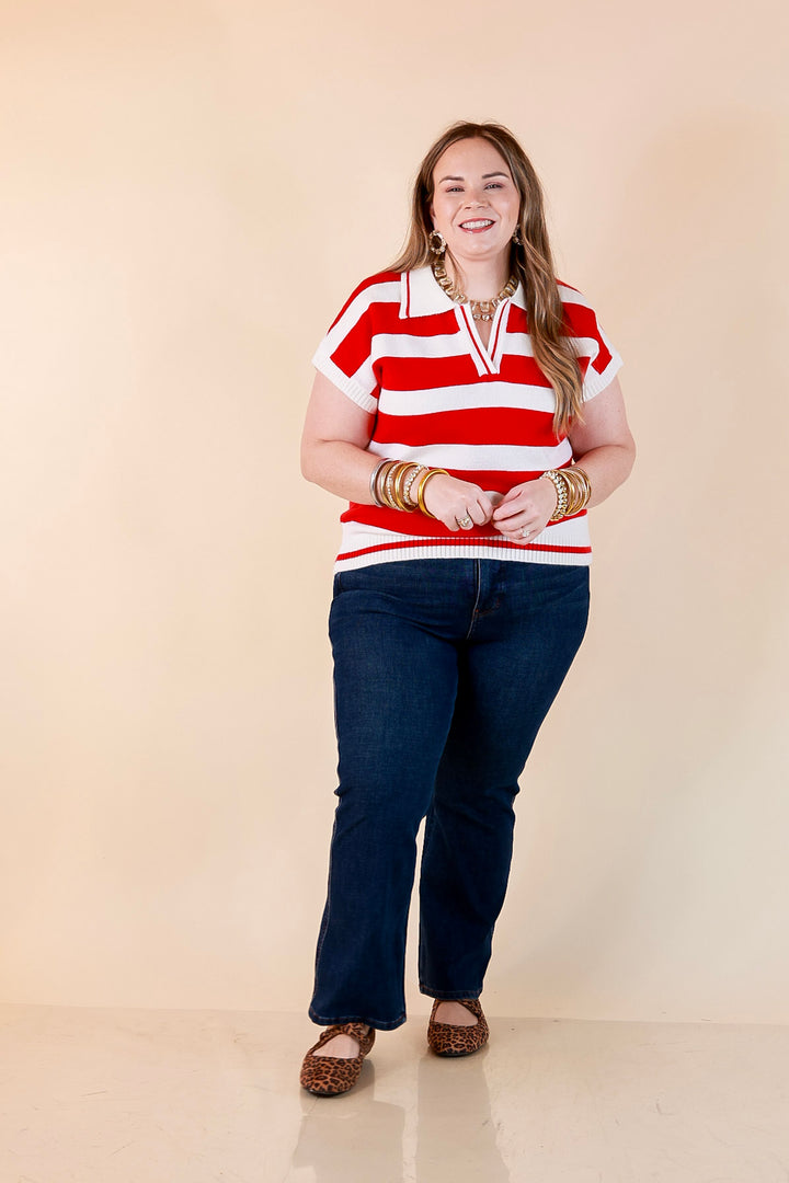 Along These Lines Striped Short Sleeve Collared Polo Sweater Top in Ivory with Red Stripes