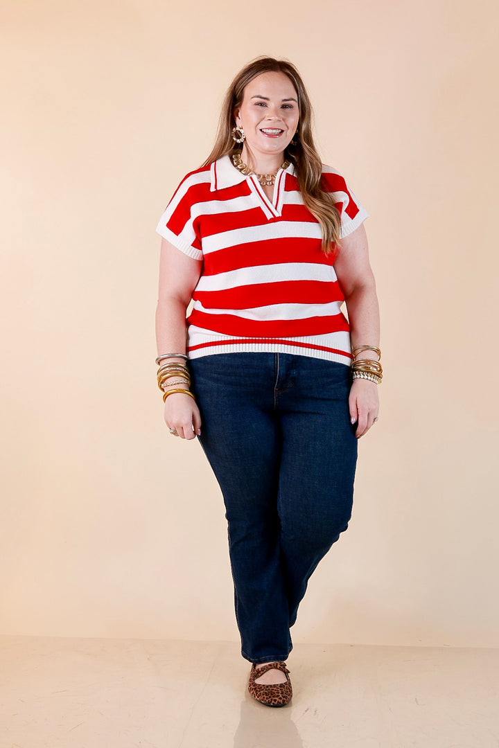 Along These Lines Striped Short Sleeve Collared Polo Sweater Top in Ivory with Red Stripes
