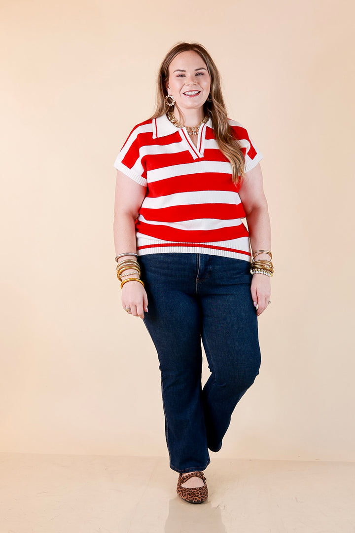 Along These Lines Striped Short Sleeve Collared Polo Sweater Top in Ivory with Red Stripes