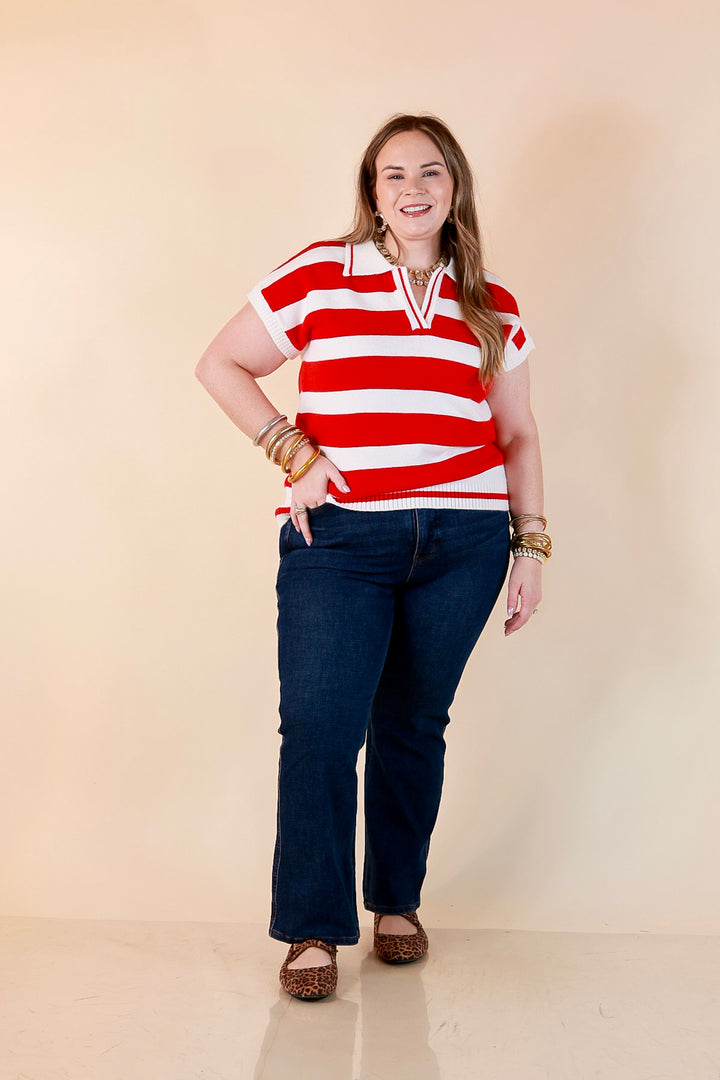 Along These Lines Striped Short Sleeve Collared Polo Sweater Top in Ivory with Red Stripes