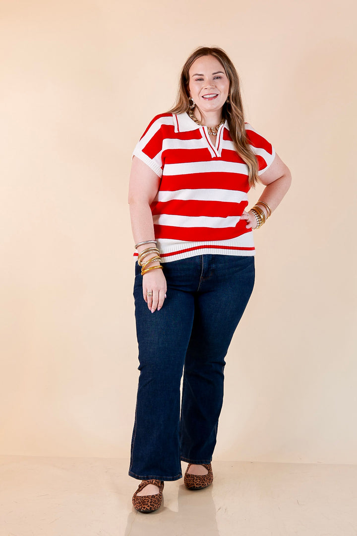 Along These Lines Striped Short Sleeve Collared Polo Sweater Top in Ivory with Red Stripes