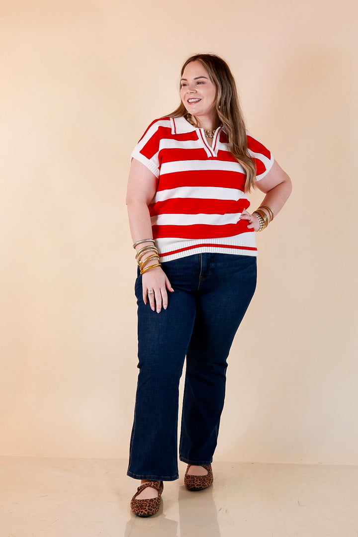Along These Lines Striped Short Sleeve Collared Polo Sweater Top in Ivory with Red Stripes