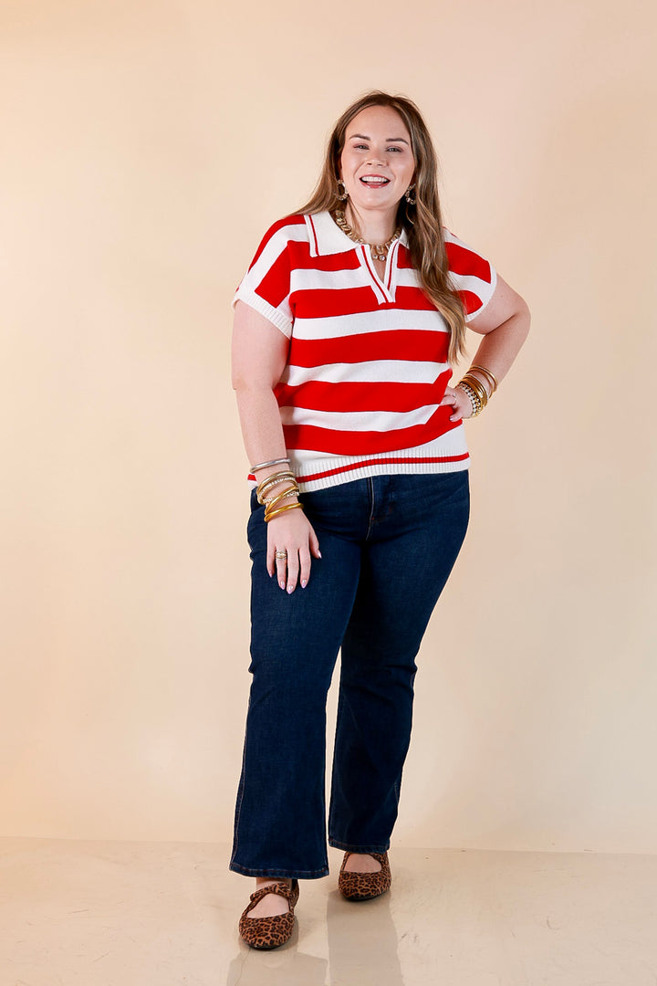 Along These Lines Striped Short Sleeve Collared Polo Sweater Top in Ivory with Red Stripes
