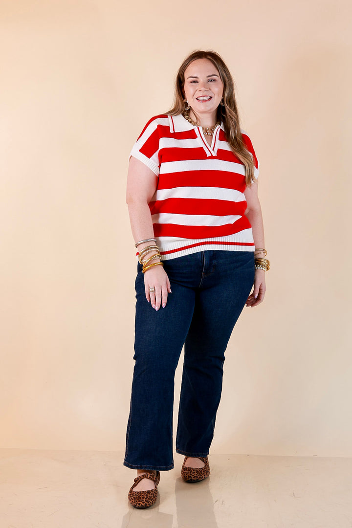 Along These Lines Striped Short Sleeve Collared Polo Sweater Top in Ivory with Red Stripes