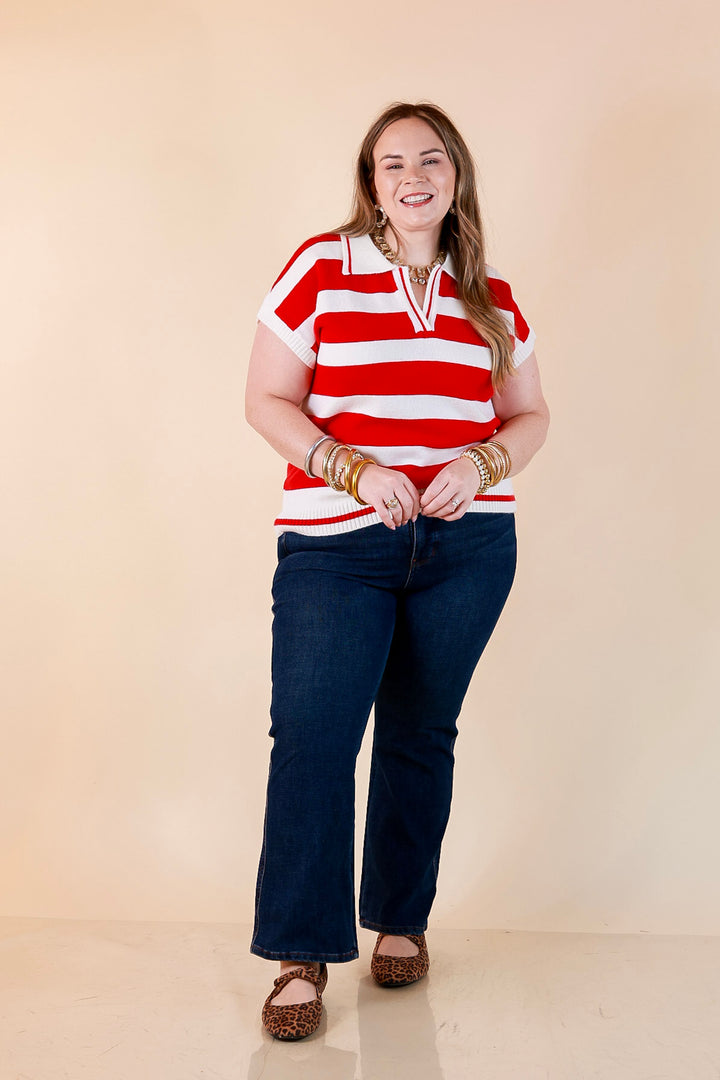 Along These Lines Striped Short Sleeve Collared Polo Sweater Top in Ivory with Red Stripes