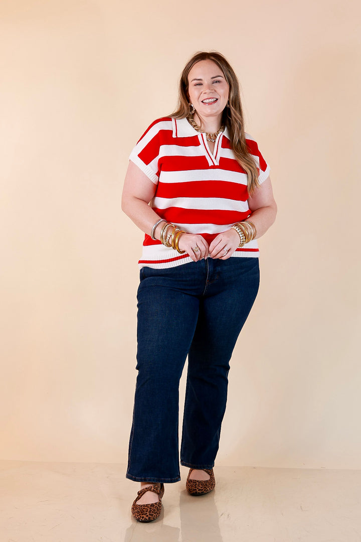 Along These Lines Striped Short Sleeve Collared Polo Sweater Top in Ivory with Red Stripes