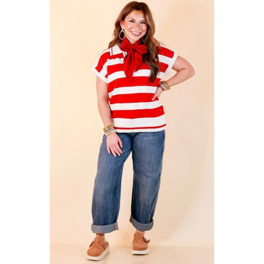 Along These Lines Striped Short Sleeve Collared Polo Sweater Top in Ivory with Red Stripes