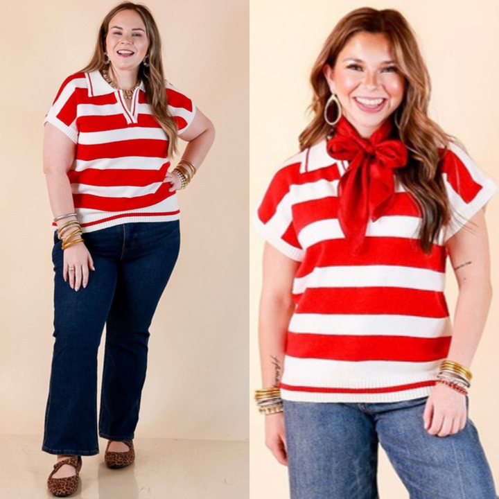 Along These Lines Striped Short Sleeve Collared Polo Sweater Top in Ivory with Red Stripes